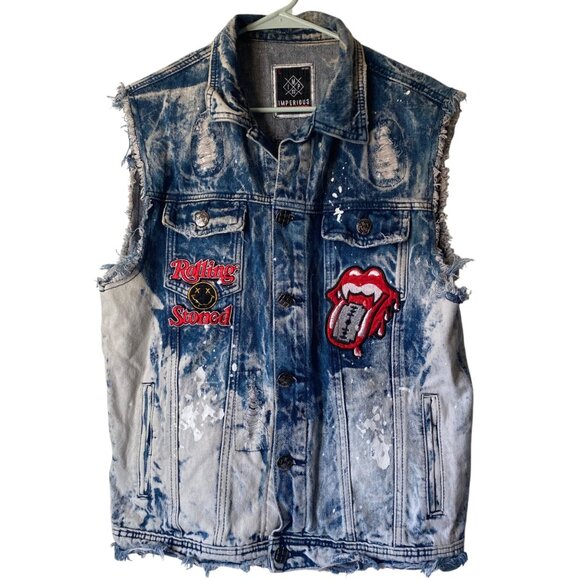 Imperious Rolling Stoned biker blue denim vest distressed acid dyed patch men L